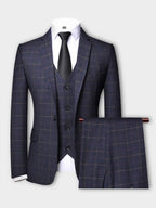 Costume trois pièces homme à carreaux, veste, gilet et pantalon, bleu marine
