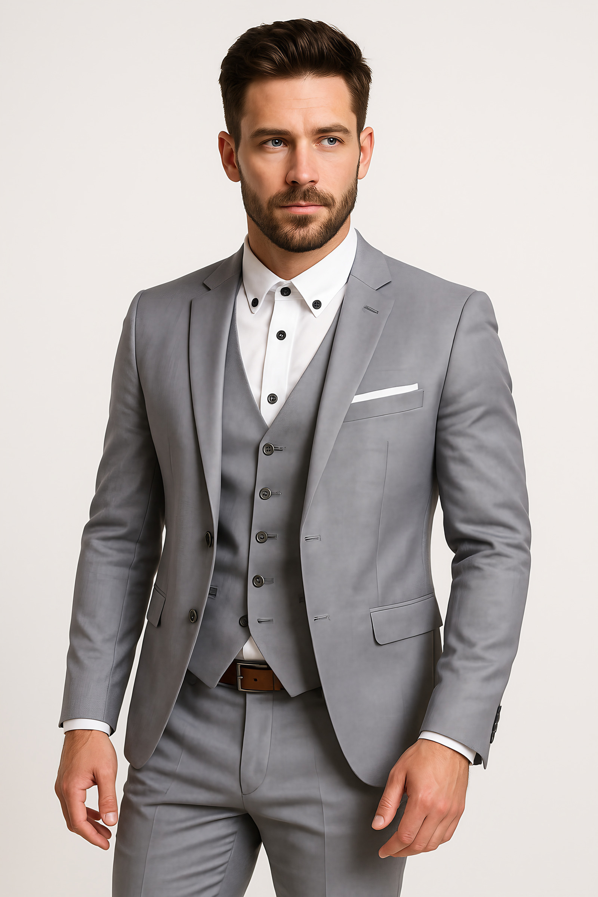 Costume 3 pièces homme, blazer à col montant, gilet et pantalon, gris