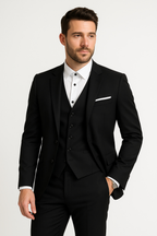 Costume 3 pièces homme, blazer à col montant, gilet et pantalon, noir