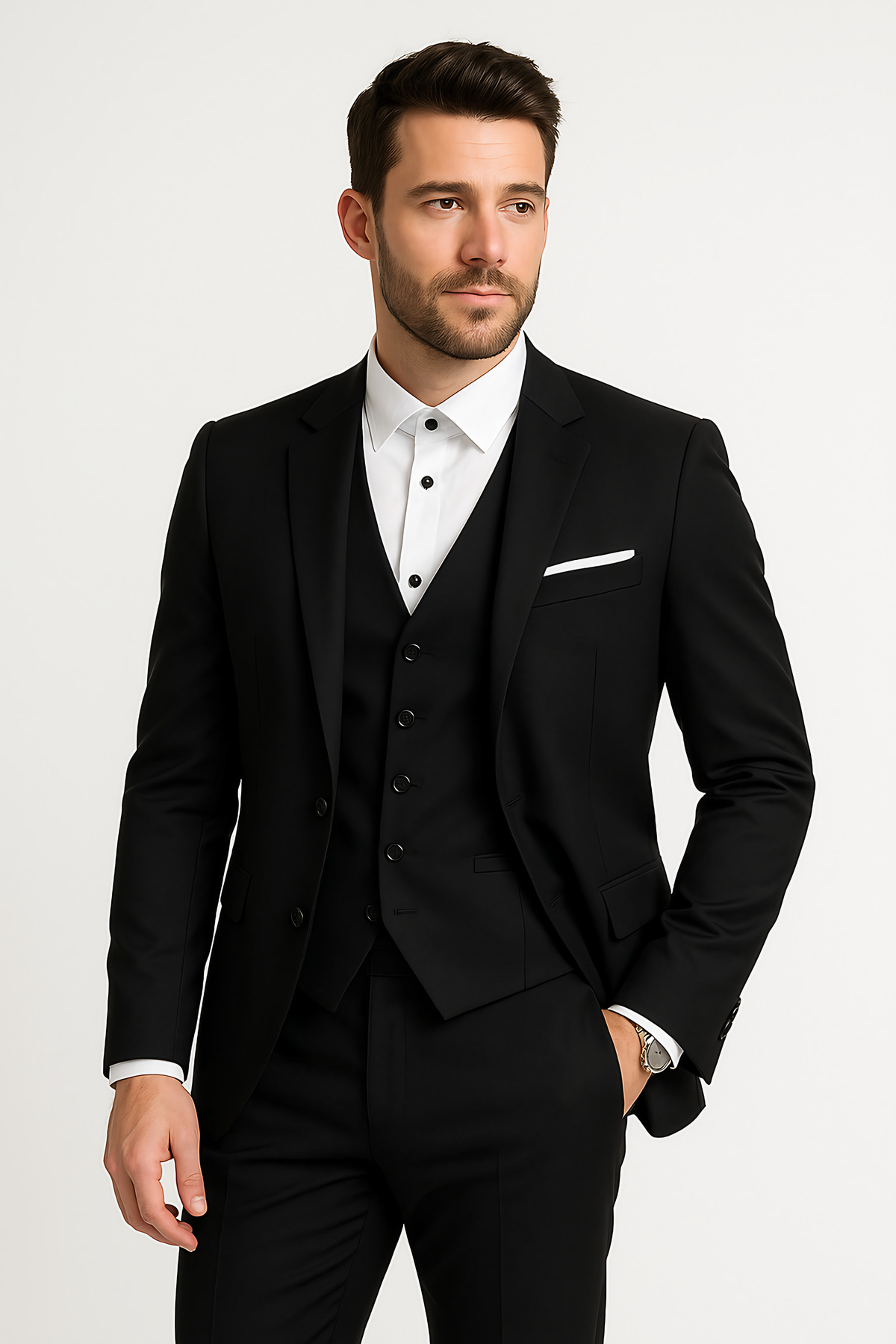 Costume 3 pièces homme, blazer à col montant, gilet et pantalon, noir