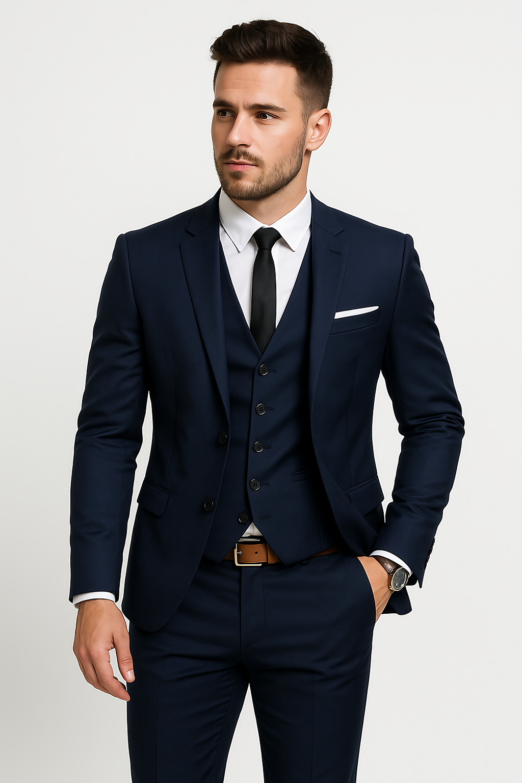 Costume 3 pièces homme, blazer à col montant, gilet et pantalon, bleu