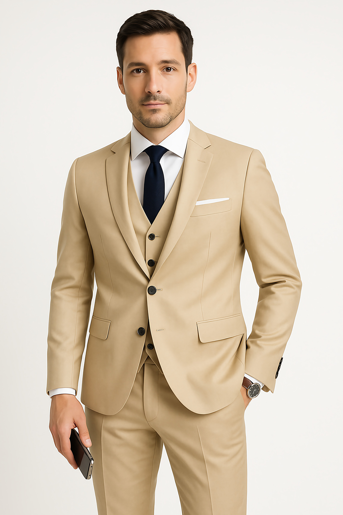 Costume 3 pièces homme, blazer à col montant, gilet et pantalon, kaki