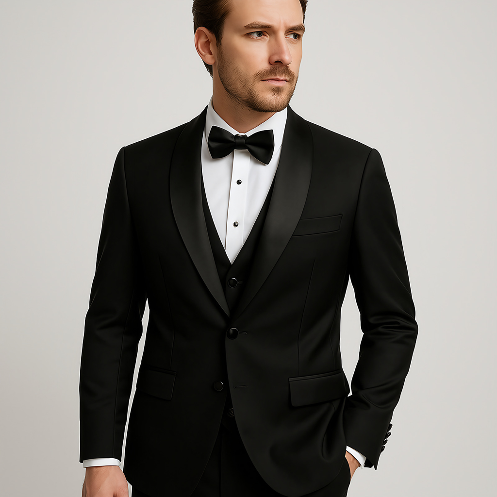 Costume 3 pièces homme coupe slim, veste, gilet et pantalon, noir