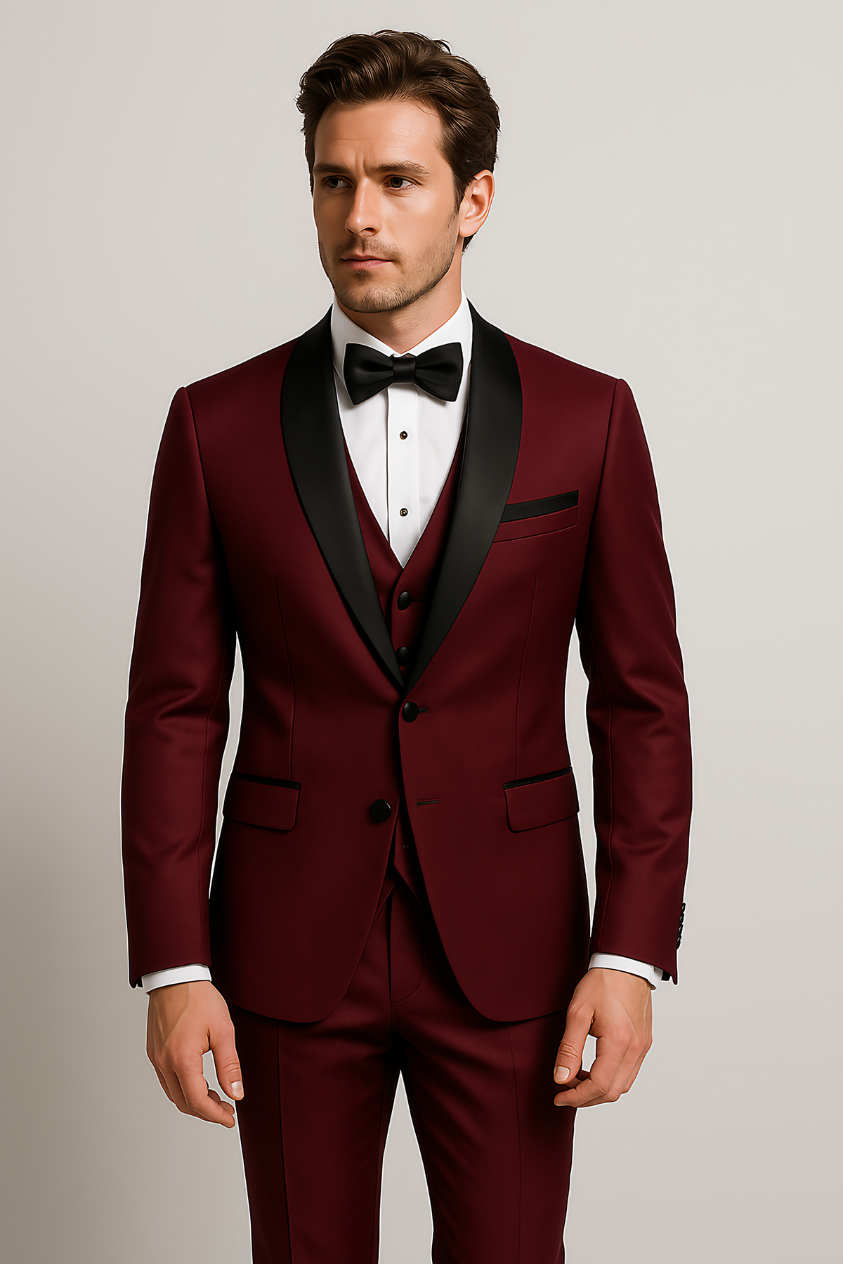 Costume 3 pièces homme coupe slim, veste, gilet et pantalon, pourpre