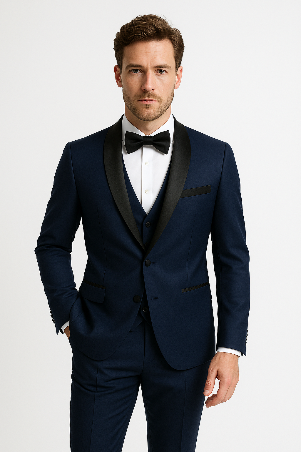 Costume 3 pièces homme coupe slim, veste, gilet et pantalon, bleu