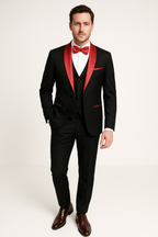 Costume 3 pièces homme coupe slim, veste, gilet et pantalon, noir et rouge