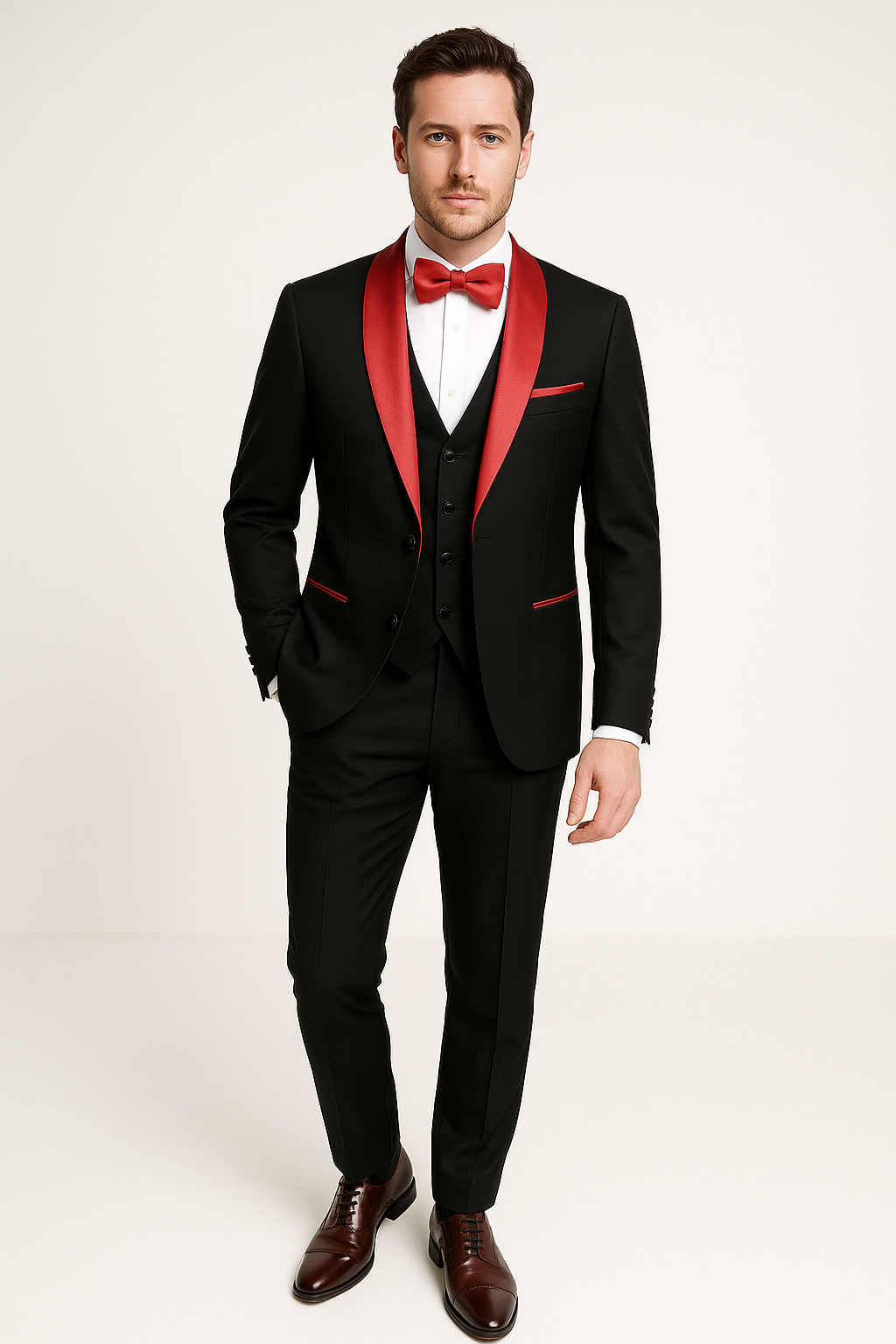 Costume 3 pièces homme coupe slim, veste, gilet et pantalon, noir et rouge