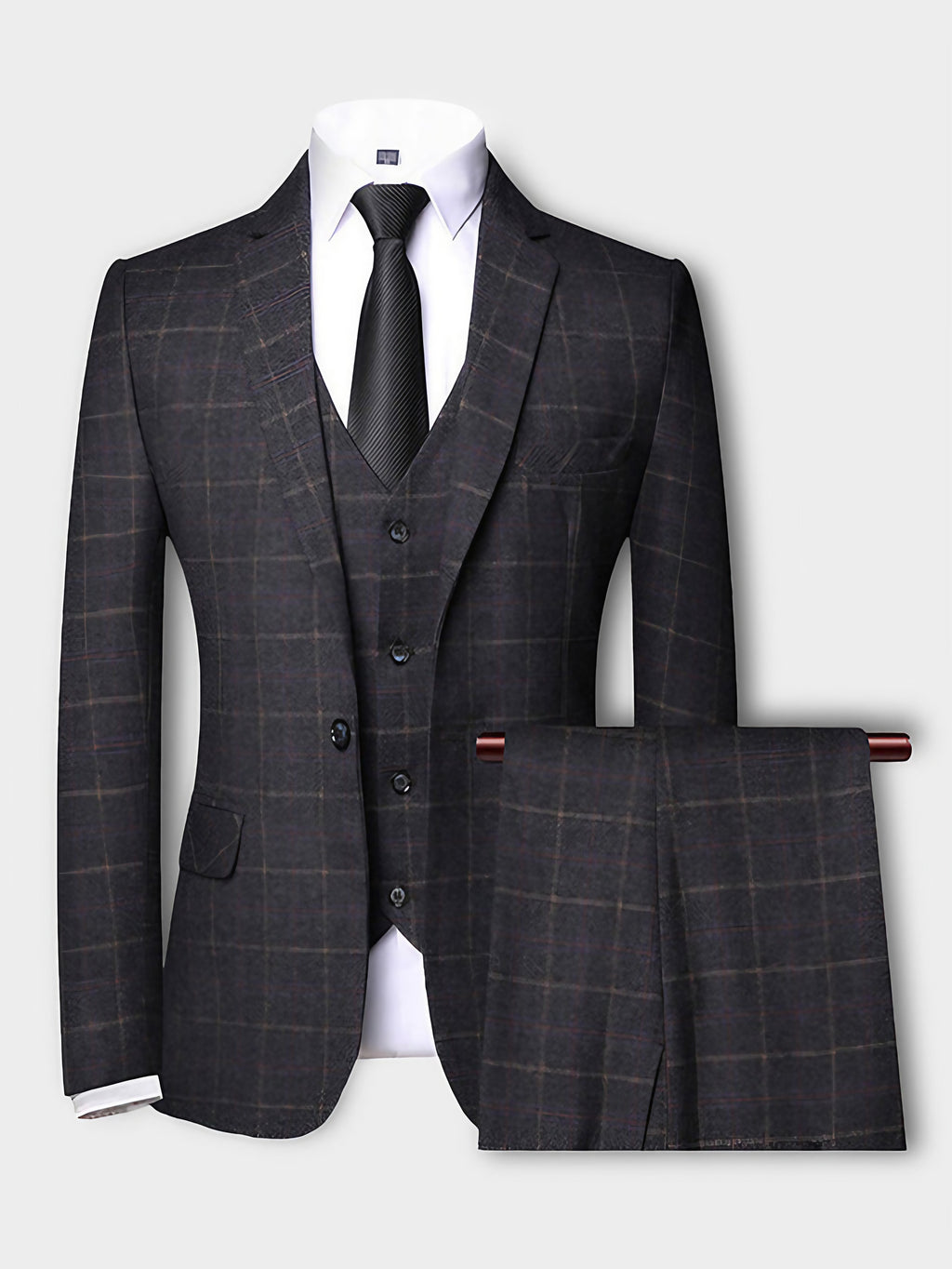Costume 3 pièces homme à carreaux, coupe ajustée, du XS au 2XL, noir