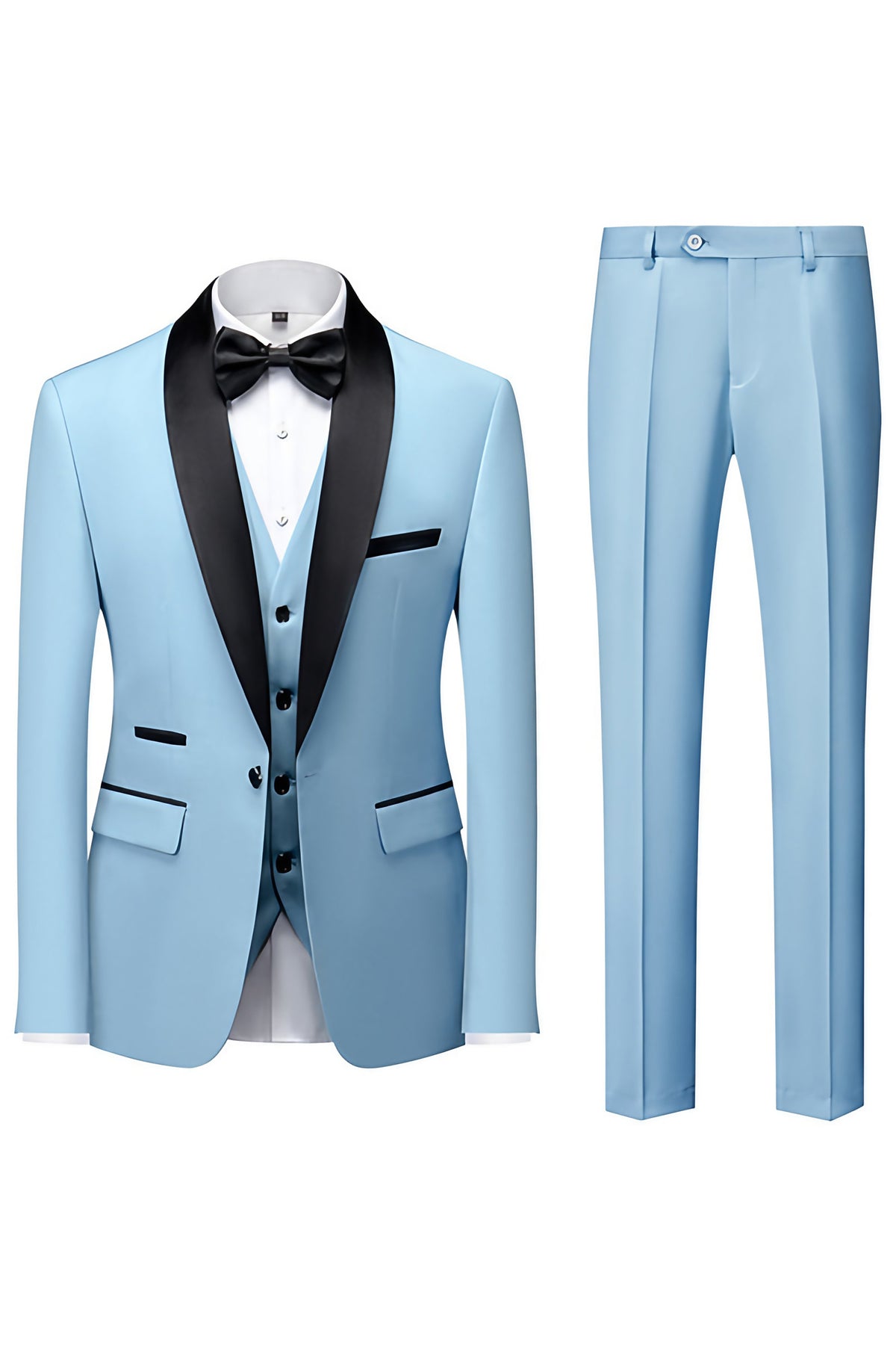 Costume homme avec veste, pantalon et écharpe assortie, onze coloris, bleu clair