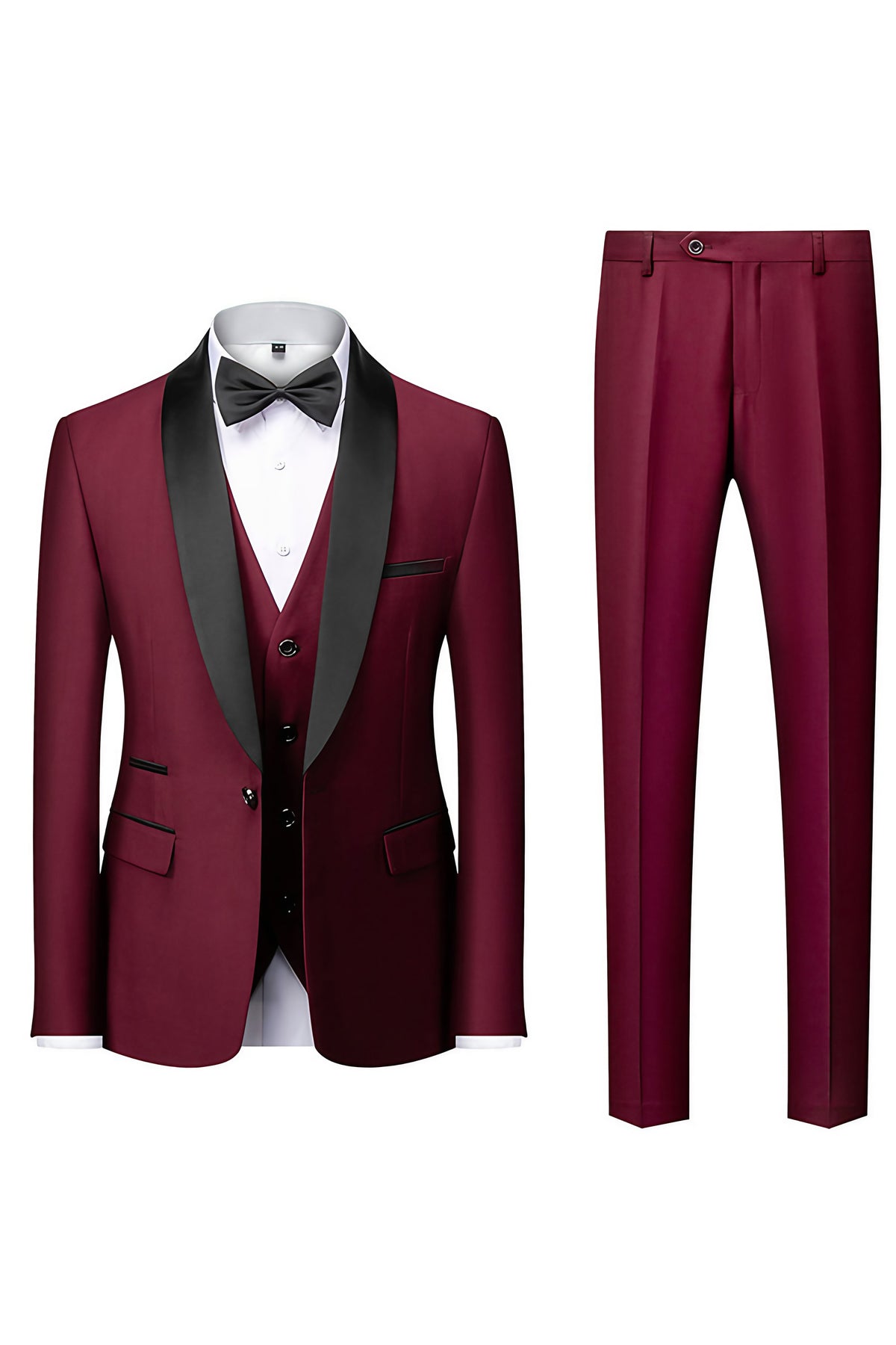 Costume homme avec veste, pantalon et écharpe assortie, onze coloris, rouge
