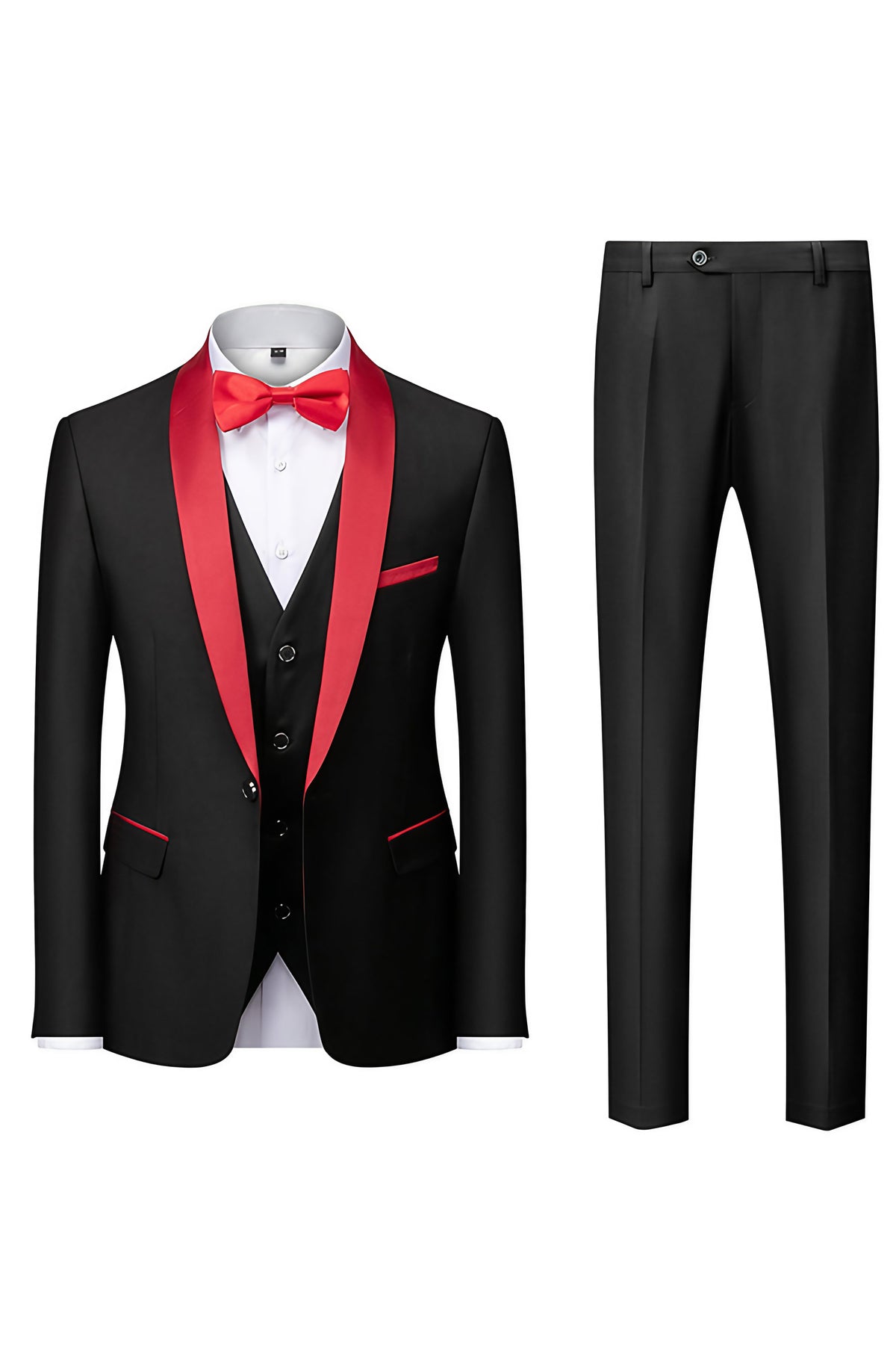 Costume homme avec veste, pantalon et écharpe assortie, onze coloris, noir et rouge