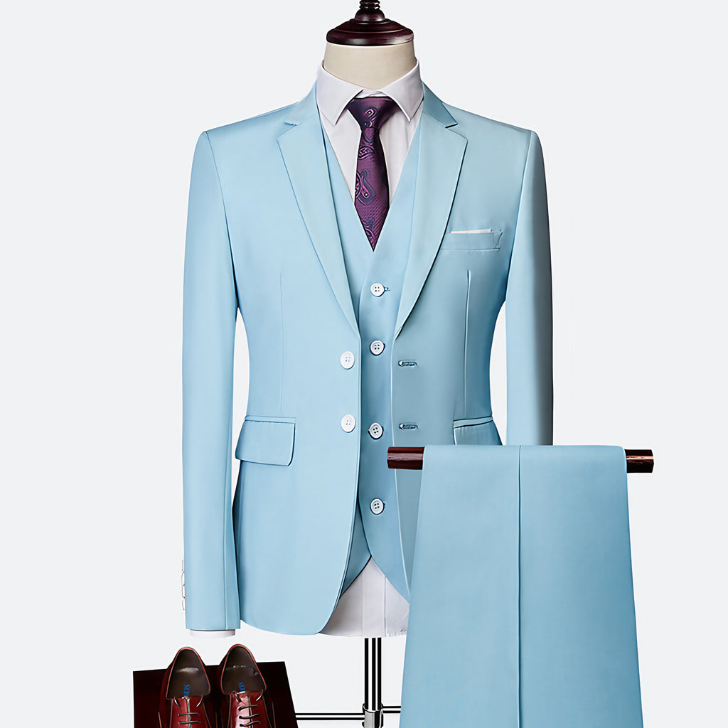 Costume trois pièces homme coupe ajustée, douze coloris, bleu clair