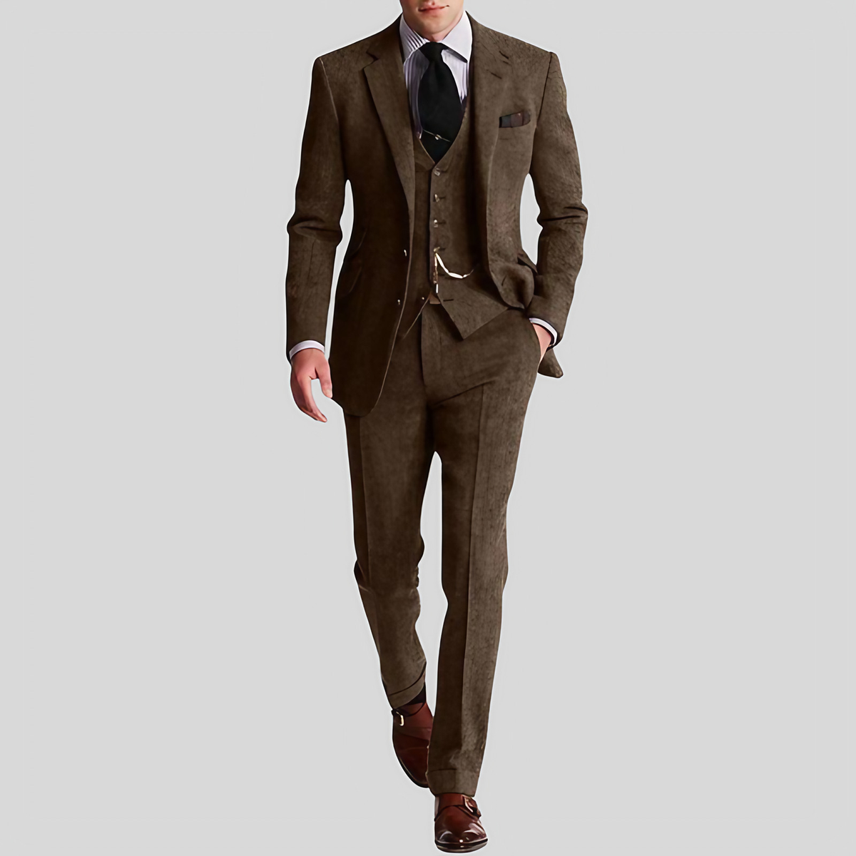Costume en tweed homme 3 pièces, coupe slim, six coloris, café