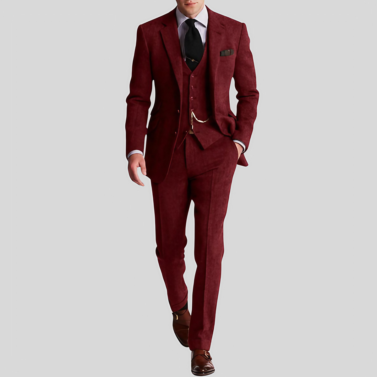 Costume en tweed homme 3 pièces, coupe slim, six coloris, bordeaux