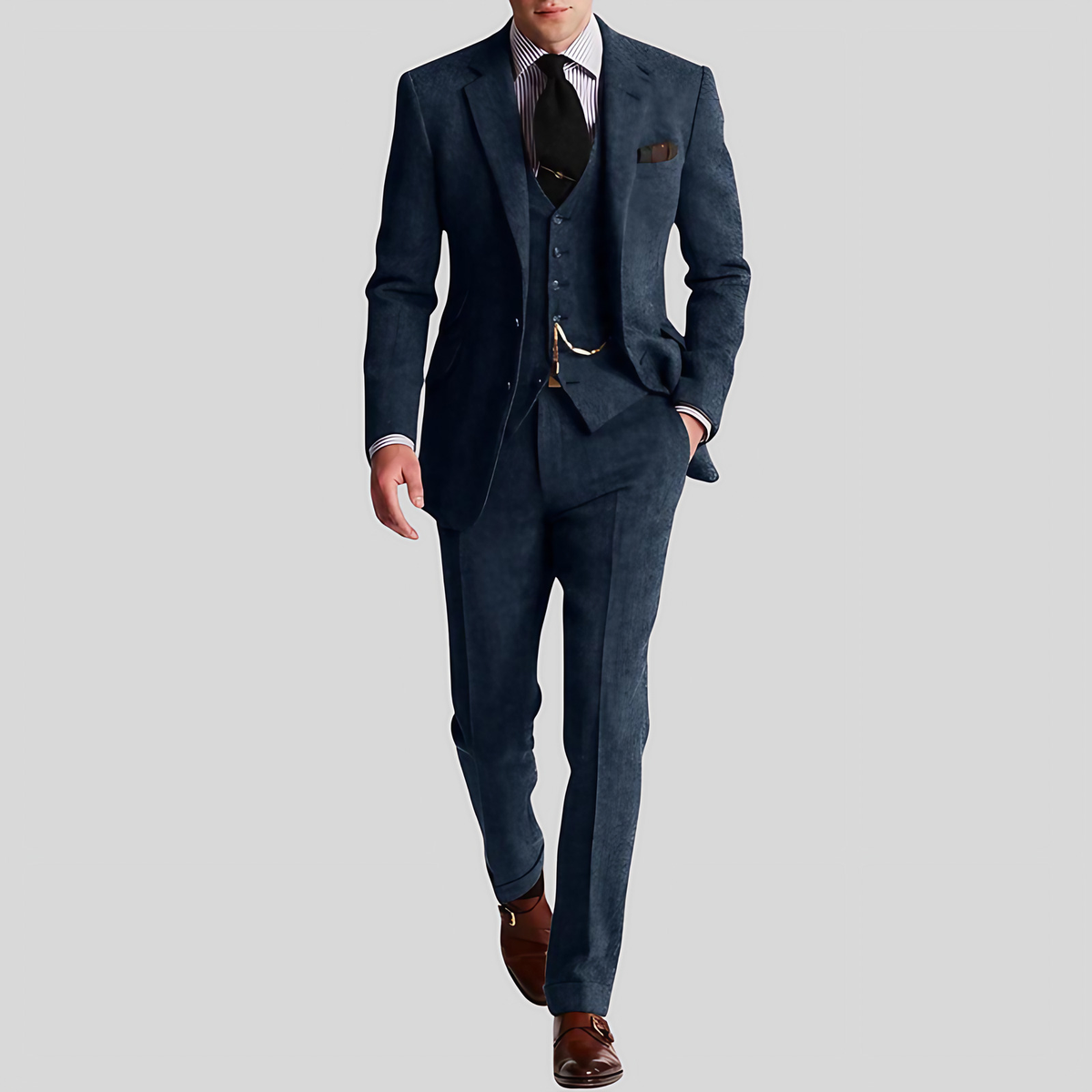 Costume en tweed homme 3 pièces, coupe slim, six coloris, bleu marine