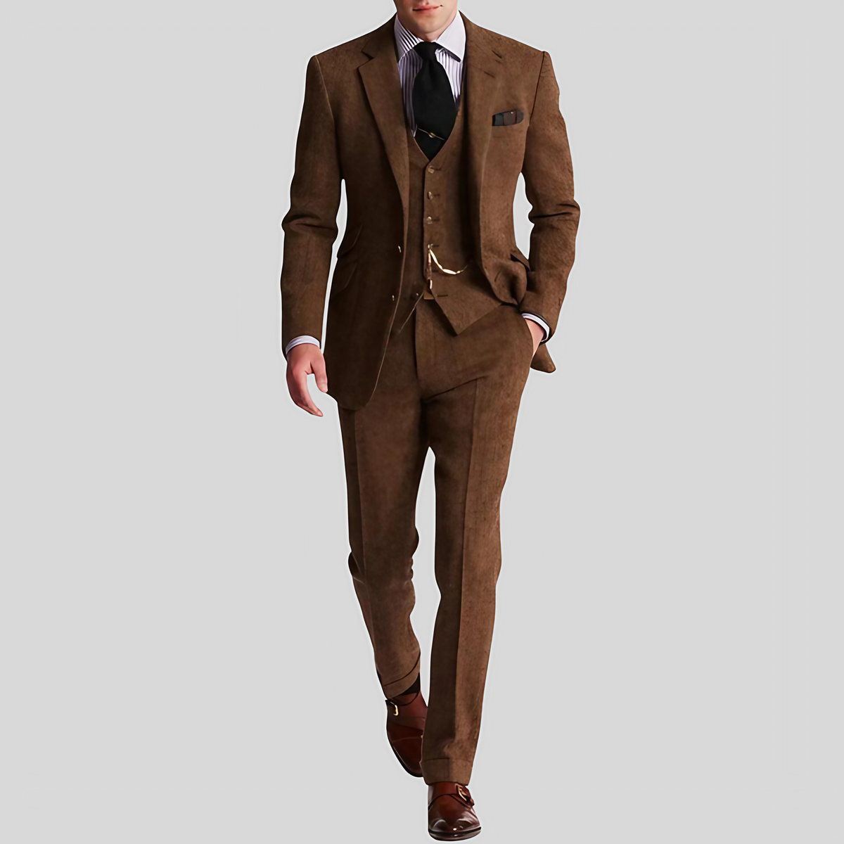 Costume en tweed homme 3 pièces, coupe slim, six coloris, marron