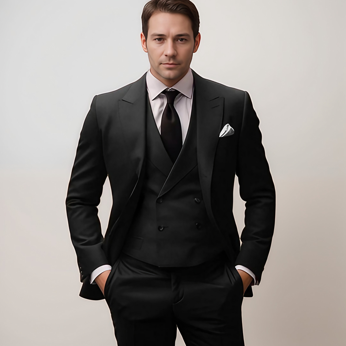 Costume trois pièces homme pour mariage, veste, gilet et pantalon, noir