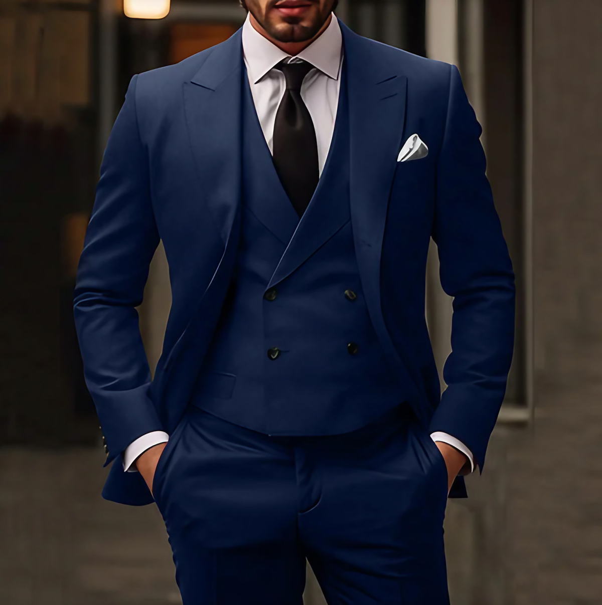 Costume trois pièces homme pour mariage, veste, gilet et pantalon, bleu foncé