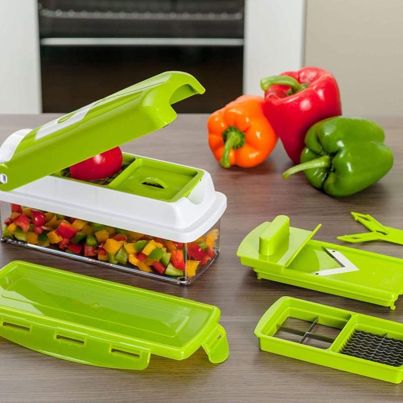 Coupe-légumes 12 en 1 à lames interchangeables et bac
