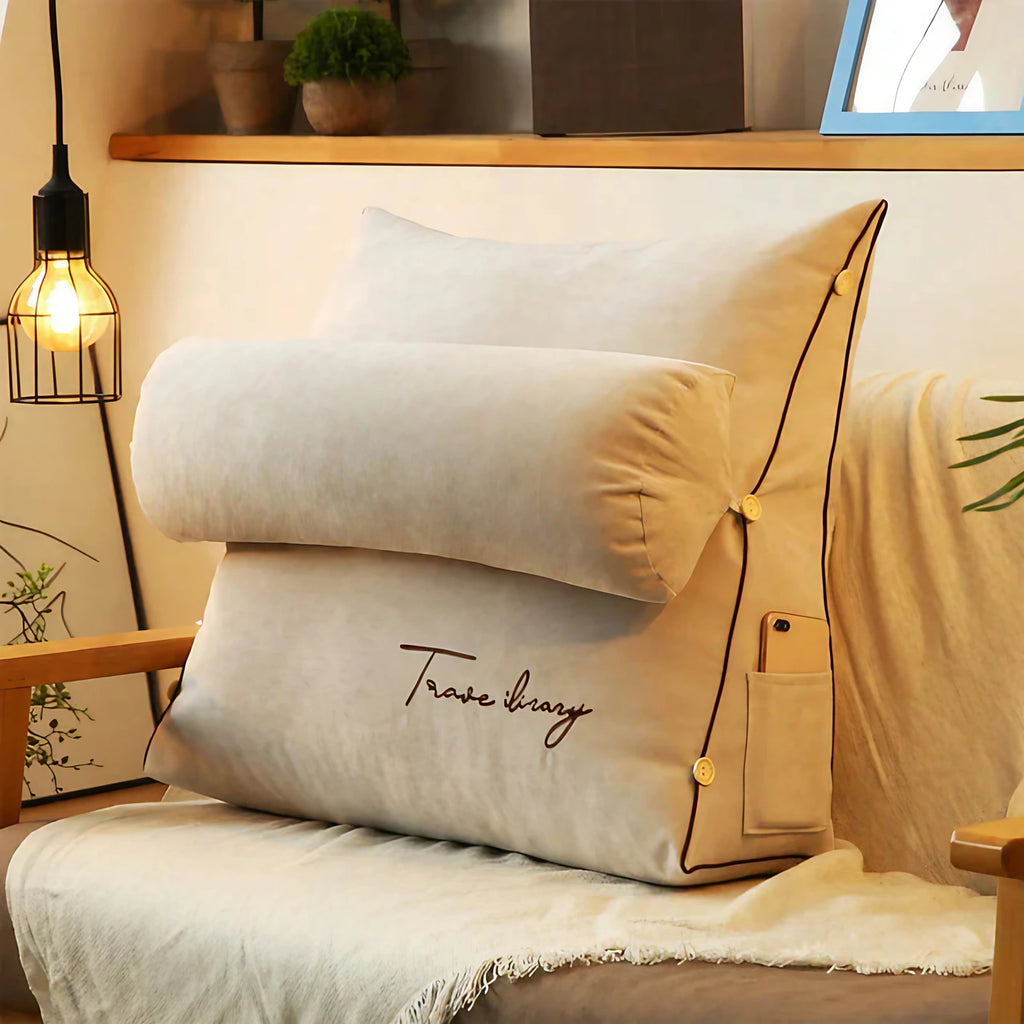 Coussin dossier en forme de coin avec poches, huit coloris, beige