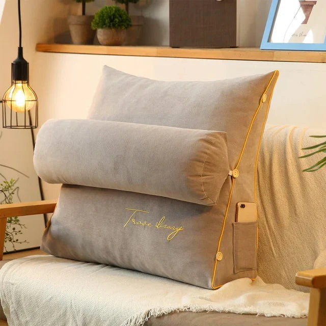 Coussin dossier en forme de coin avec poches, huit coloris, gris clair