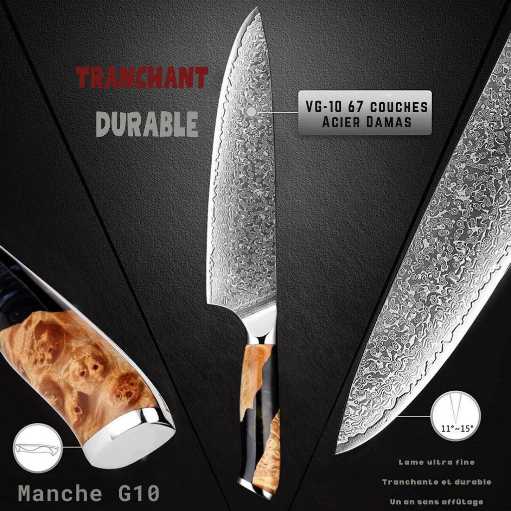 Couteau de chef style japonais, lame Damas VG10 de 8 pouces