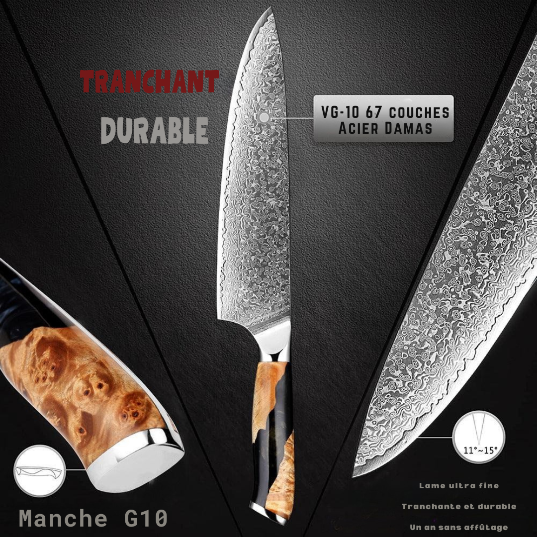 Couteau de chef style japonais, lame Damas VG10 de 8 pouces