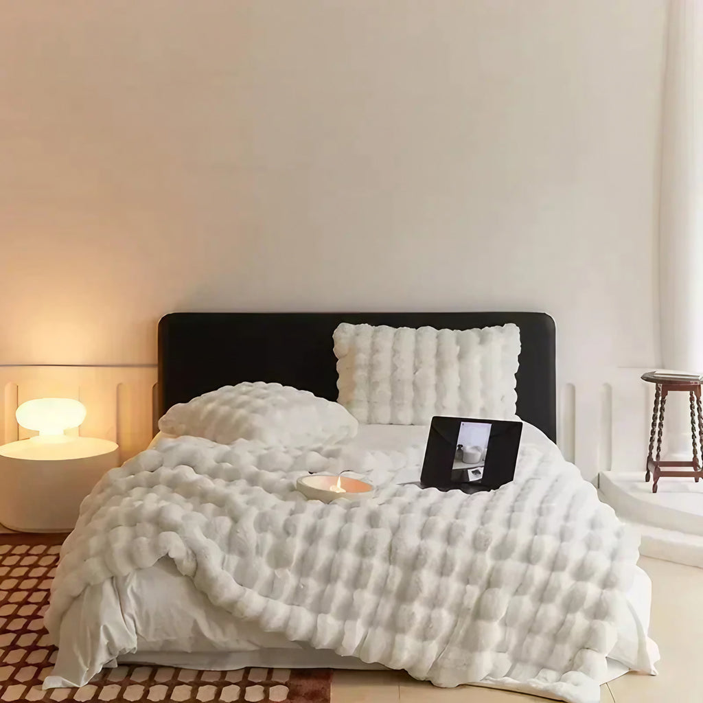 Plaid en fausse fourrure, lavable en machine, blanc ou beige crème