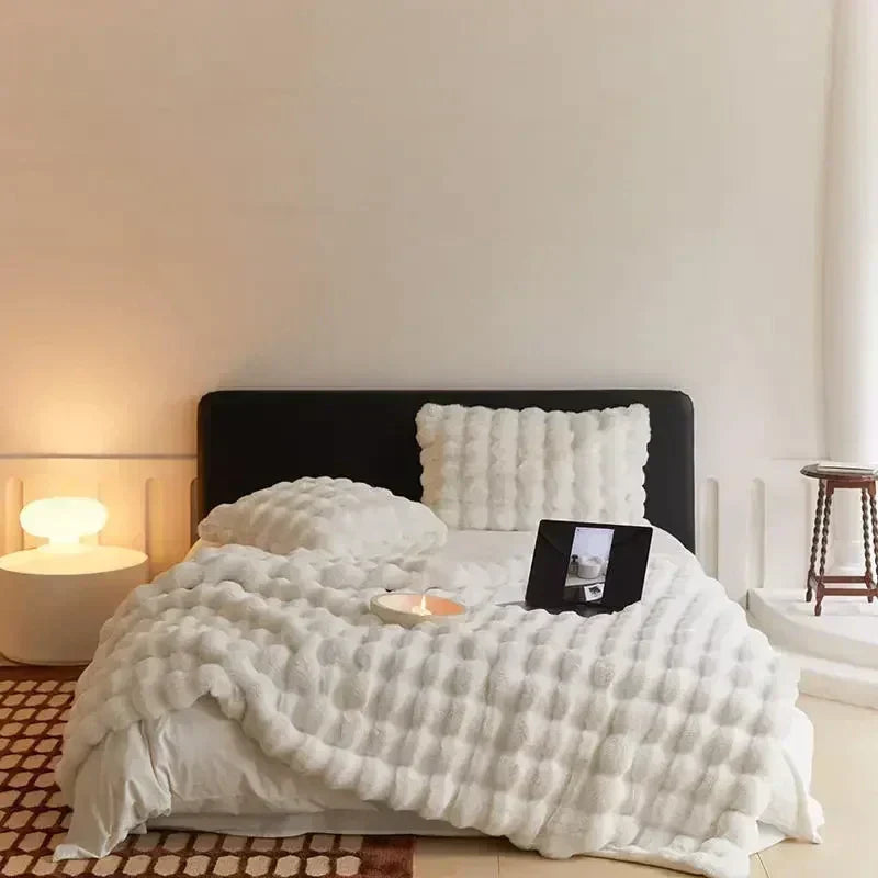 Plaid en fausse fourrure, lavable en machine, blanc ou beige crème