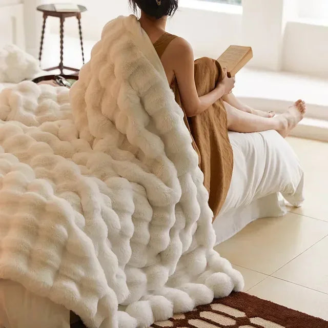 Plaid en fausse fourrure, lavable en machine, blanc ou beige crème, blanc