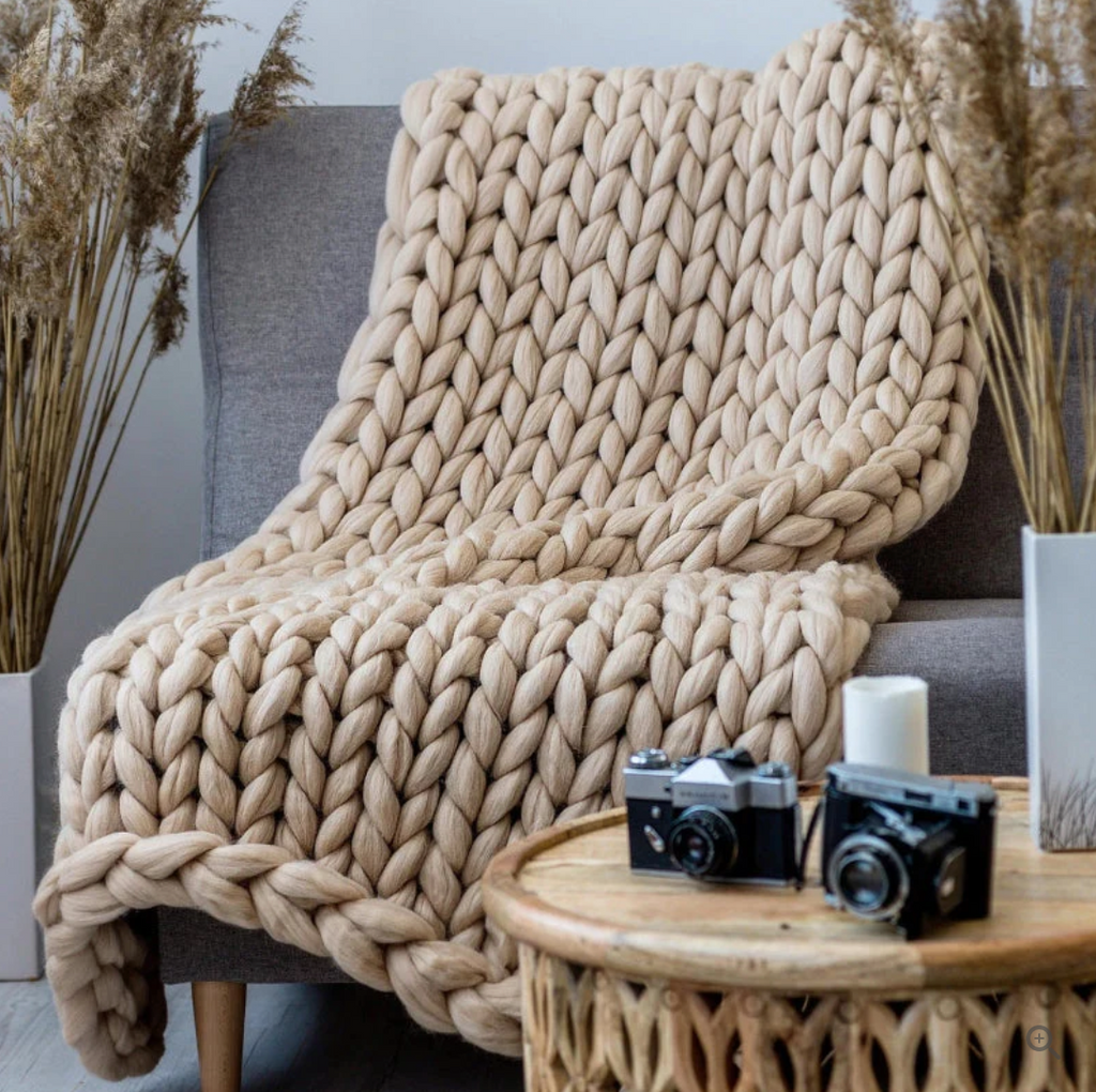 Couverture tricotée en laine mérinos, dix formats, quatre coloris, beige