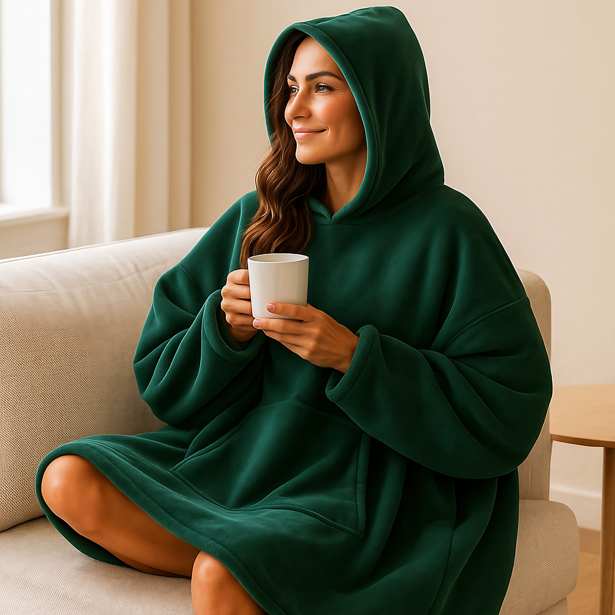 Couverture à capuche femme en polaire, poche ventrale, vert