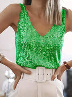 Débardeur à paillettes femme col V, sans manches, cinq coloris, vert