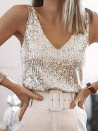 Débardeur à paillettes femme col V, sans manches, cinq coloris, beige