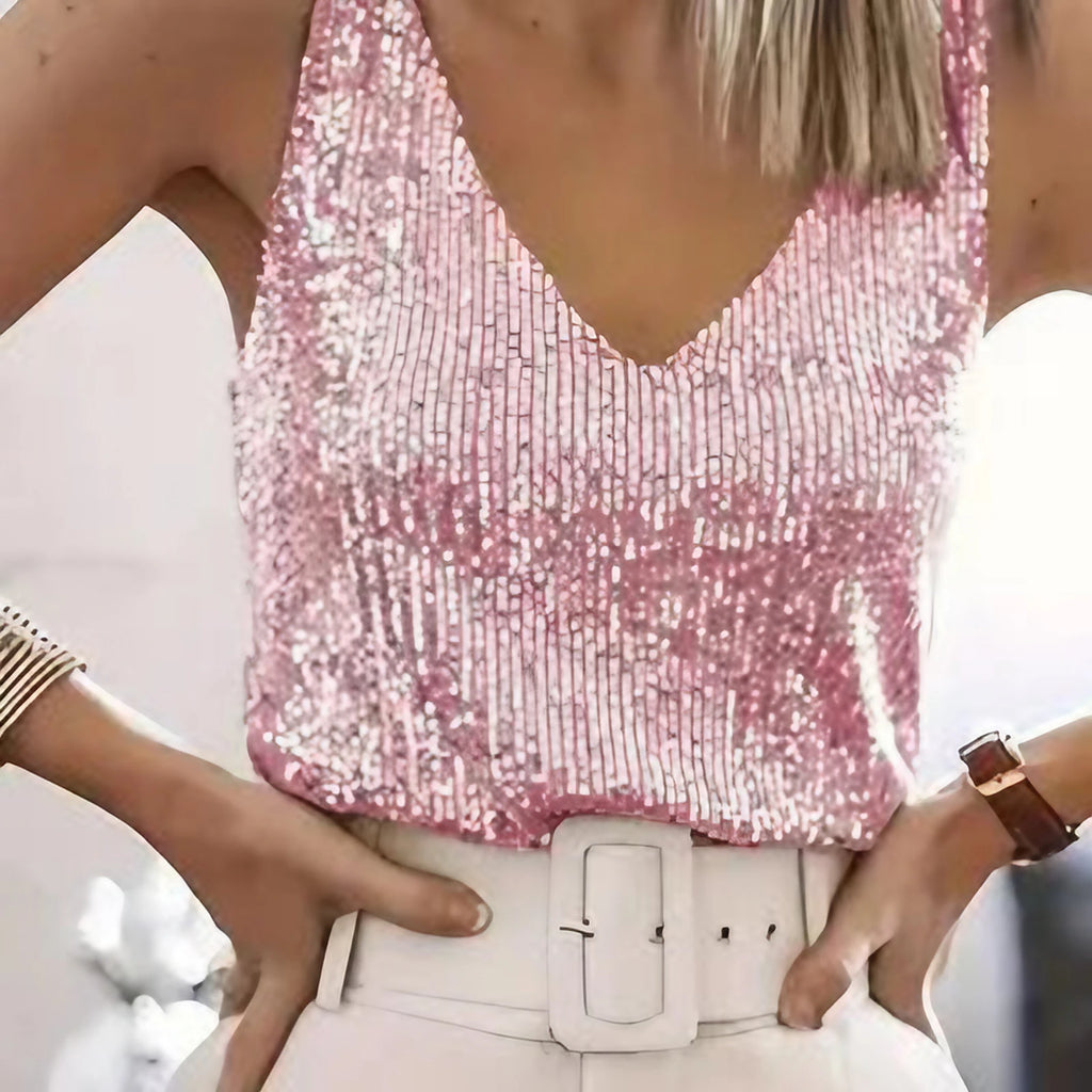 Débardeur à paillettes femme col V, sans manches, cinq coloris, rose