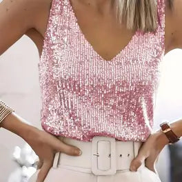 Débardeur à paillettes femme col V, sans manches, cinq coloris, rose