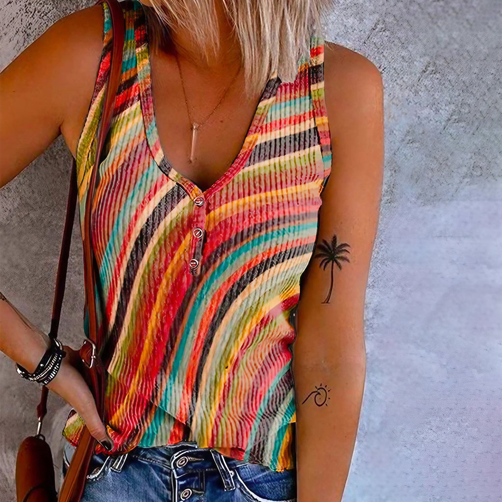 Débardeur femme à rayures multicolores, col V, sans manches, multicolore