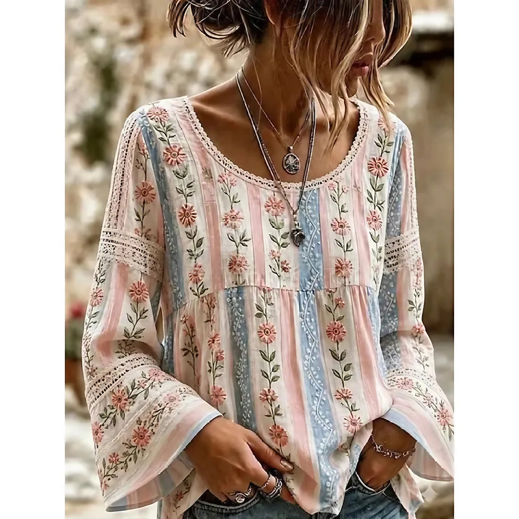 Blouse femme brodée de fleurs, style bohème, manches longues, rose et bleu