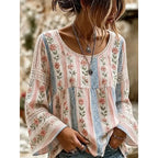 Blouse femme brodée de fleurs, style bohème, manches longues, rose et bleu