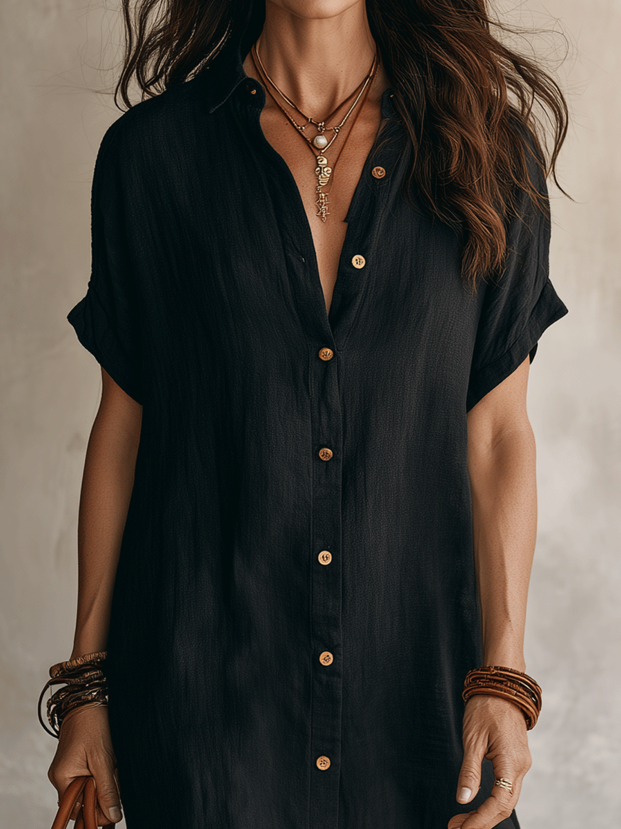 Robe chemise midi femme à manches courtes et boutons contrastants
