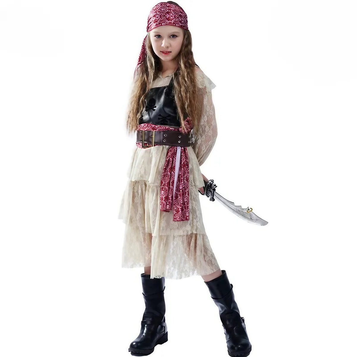 Déguisement pirate fille avec foulard, blouse rayée et jambières