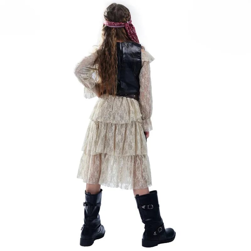 Déguisement pirate fille avec foulard, blouse rayée et jambières