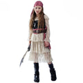 Déguisement pirate fille avec foulard, blouse rayée et jambières, kaki