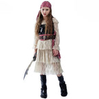 Déguisement pirate fille avec foulard, blouse rayée et jambières, kaki