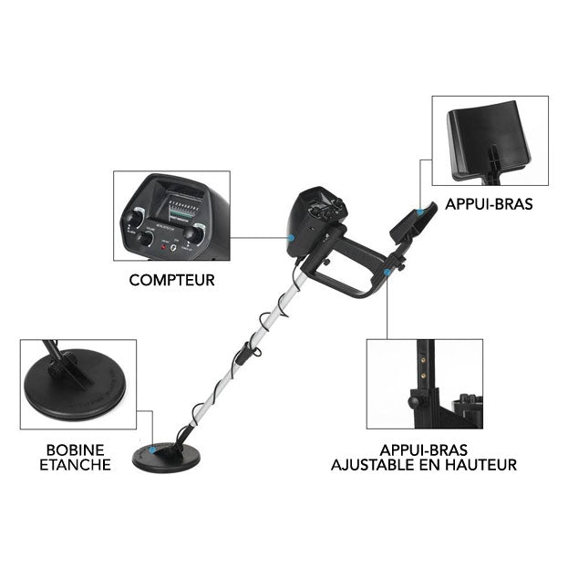Détecteur de métaux en kit avec casque et pointeur, bobine étanche