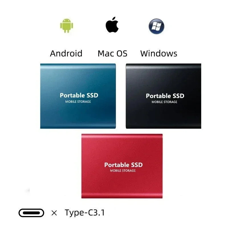 SSD externe portable 2 To, port USB-C, noir, bleu ou rouge