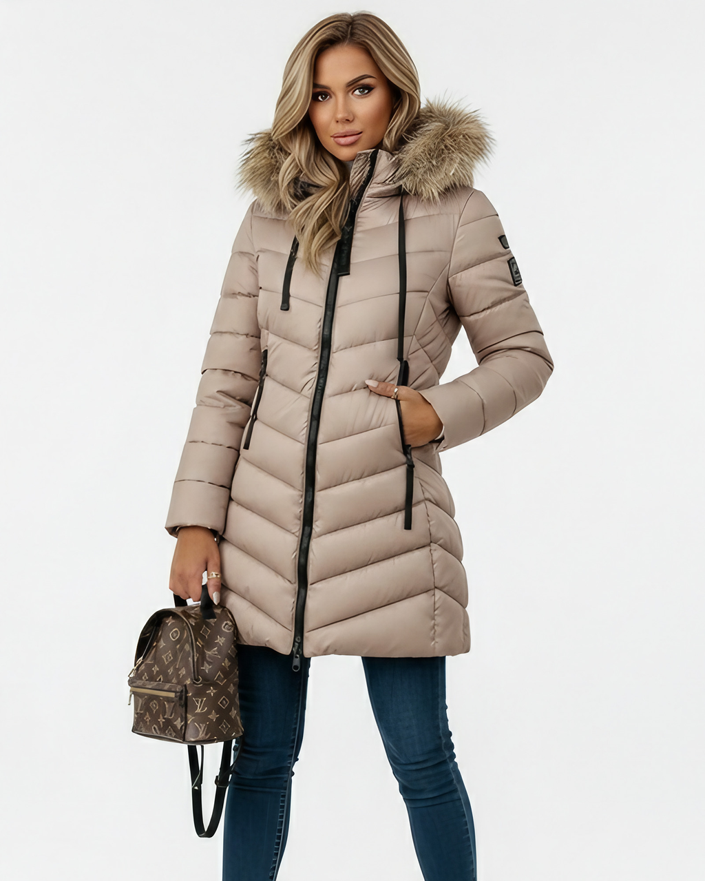 Doudoune femme à capuche amovible, matelassage en chevrons, beige