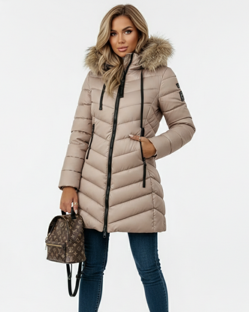 Doudoune femme à capuche amovible, matelassage en chevrons, beige