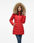 Doudoune femme à capuche amovible, matelassage en chevrons, rouge