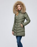 Doudoune femme à capuche amovible, matelassage en chevrons, vert